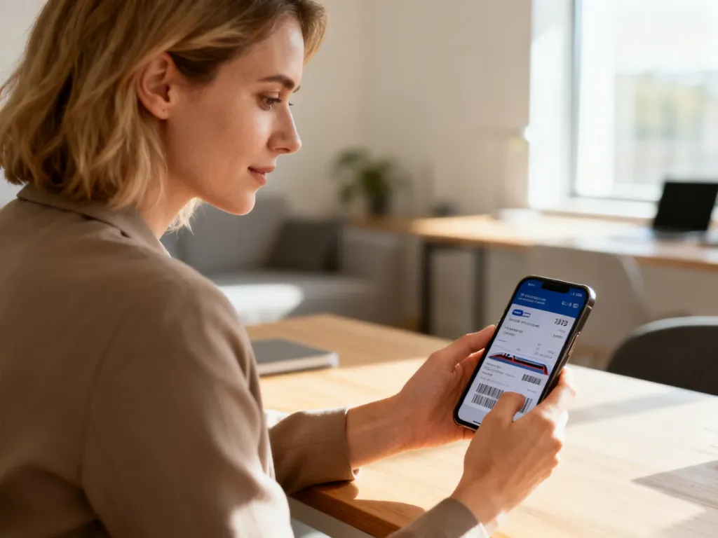 Kobieta trzymająca smartfon z wyświetlonym biletem kolejowym, siedząca przy biurku w jasnym domowym biurze.