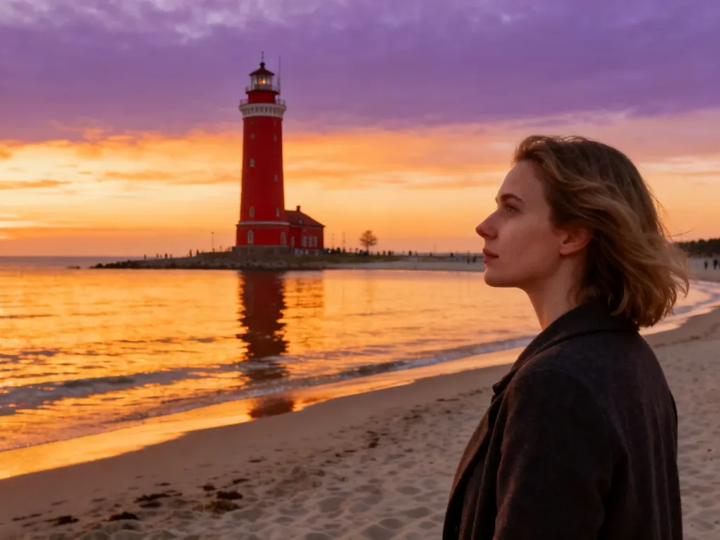 Kobieta na piaszczystej plaży podziwia latarnię morską w Kołobrzegu podczas malowniczego zachodu słońca nad Bałtykiem.