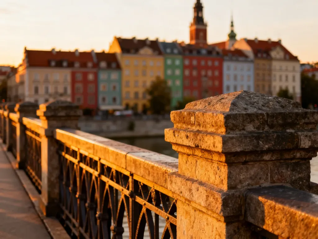 Kamienny most nad Odrą we Wrocławiu w świetle zachodzącego słońca, z widocznymi w tle zabytkowymi kamienicami.
