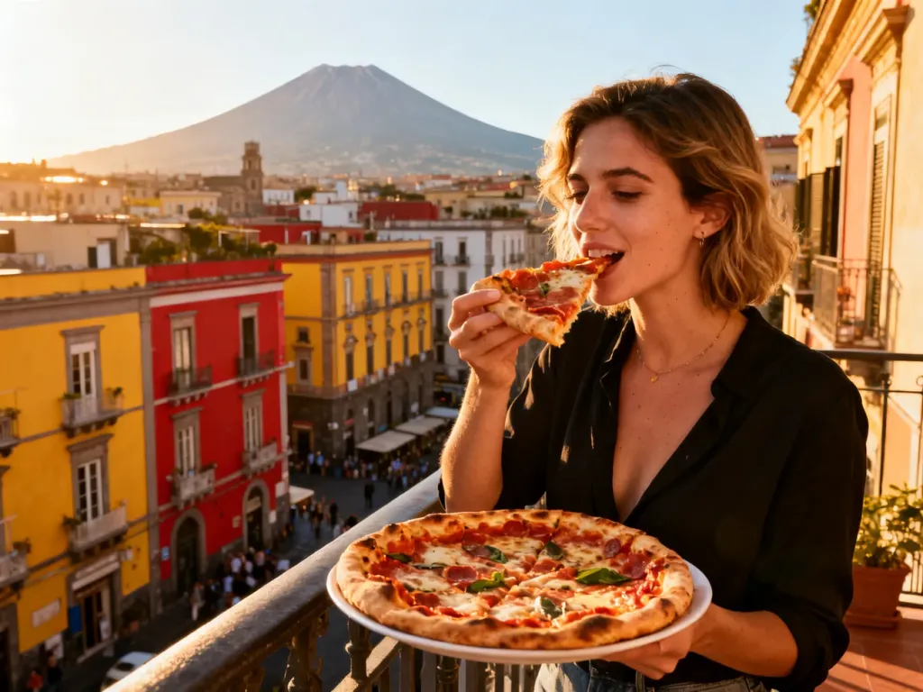 Kobieta jedząca pizzę na balkonie z widokiem na kolorowe kamienice Neapolu i Wezuwiusz w tle.