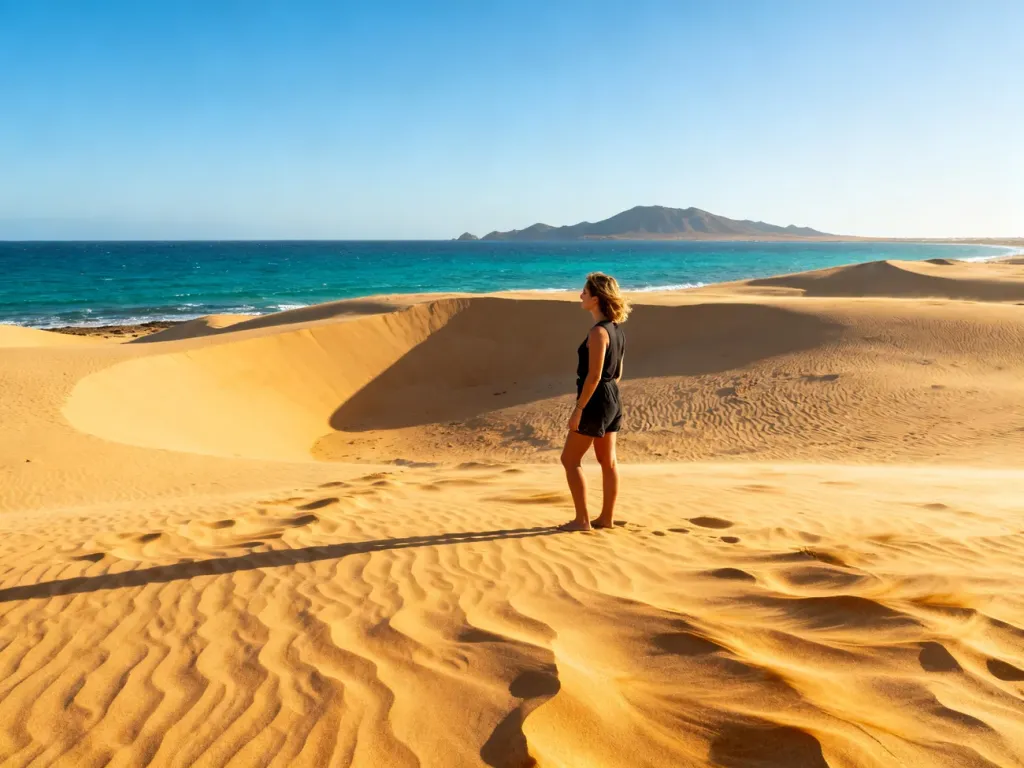 Kobieta stojąca na wydmach Corralejo z widokiem na turkusowy ocean i wyspę Los Lobos na Fuerteventurze.