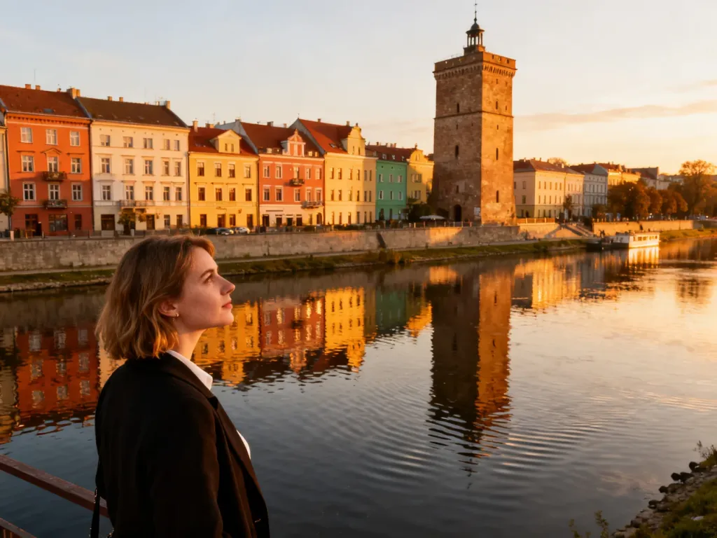 Turystka podziwiająca Wieżę Piastowską nad Odrą w Opolu podczas zachodu słońca, z widokiem na zabytkowe kamienice.