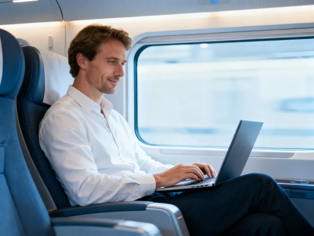 Pasażer pracujący na laptopie w nowoczesnym i przestronnym wnętrzu pociągu EIP.