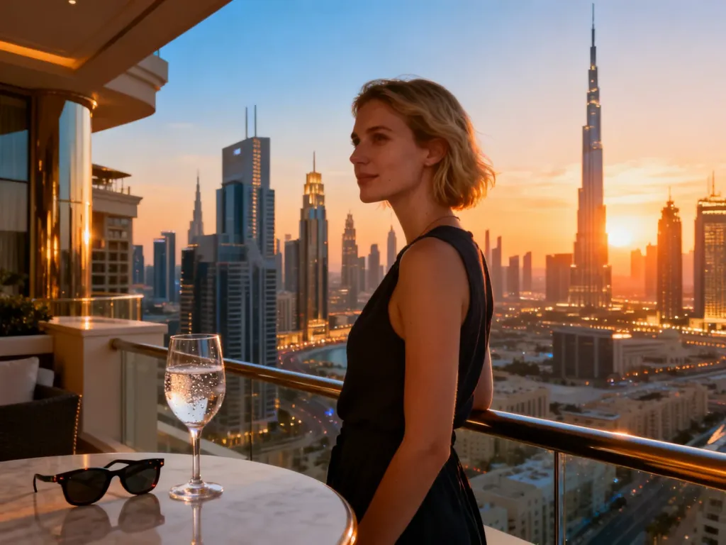 Kobieta na balkonie luksusowego hotelu w Dubaju podziwia panoramę miasta z Burdż Chalifa w świetle zachodzącego słońca.