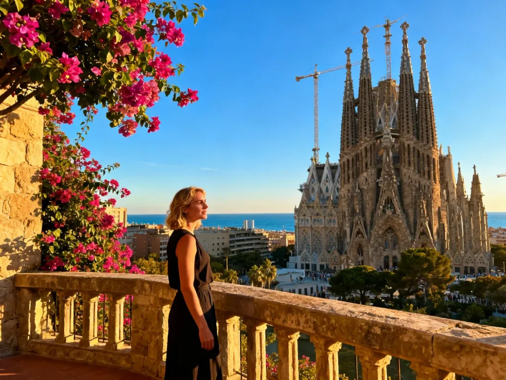 Kobieta na tarasie z widokiem na bazylikę Sagrada Familia w Barcelonie, otoczona kwitnącą bugenwillą w promieniach słońca.