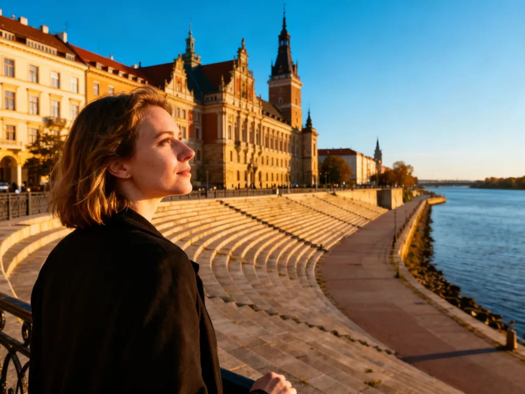 Kobieta podziwiająca zabytkową architekturę Wałów Chrobrego w Szczecinie w świetle zachodzącego słońca.