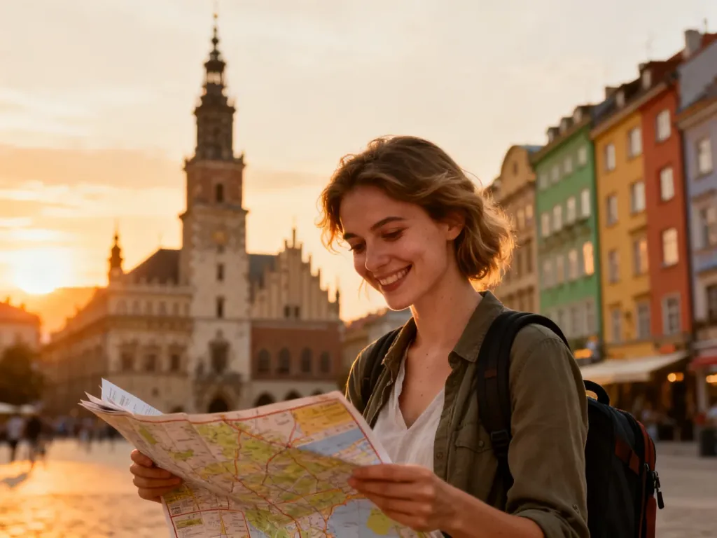 Turystka z mapą na tle zabytkowego Ratusza i kolorowych kamienic na sandomierskim rynku podczas zachodu słońca.