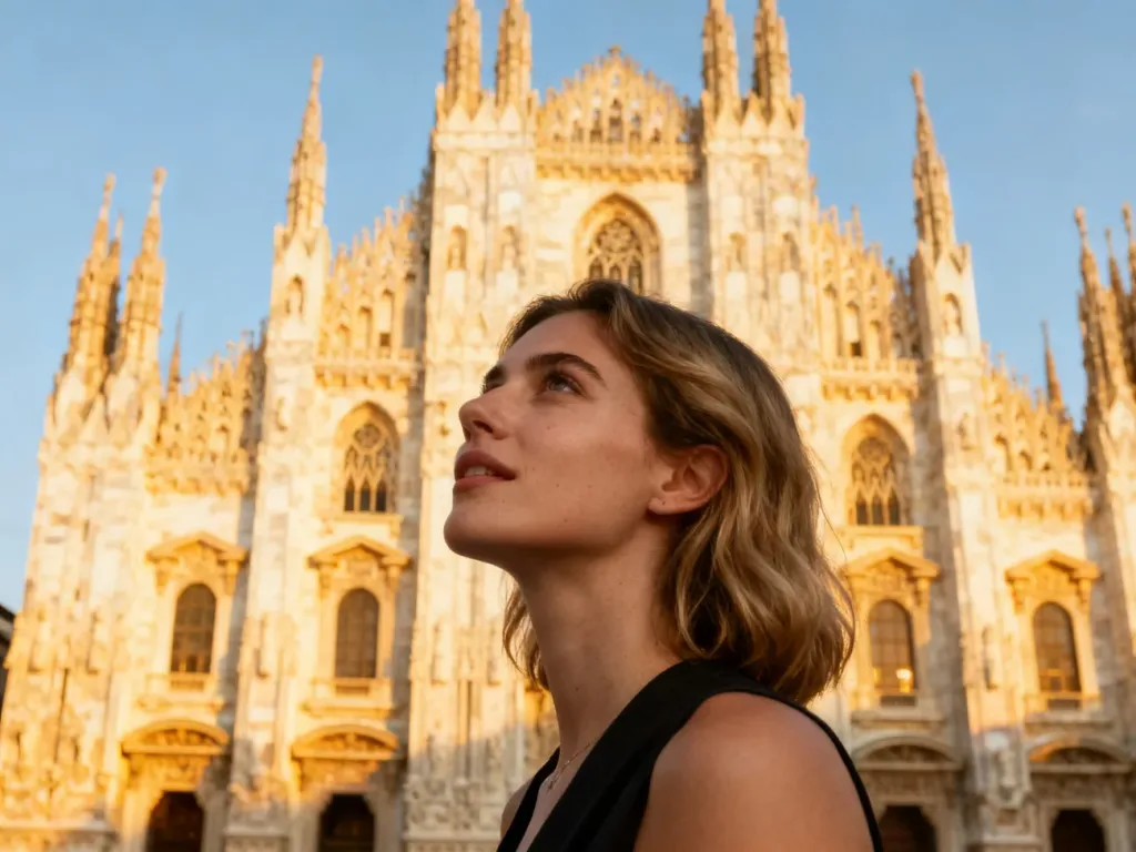 Stylowa turystka podziwiająca gotycką architekturę katedry Duomo w Mediolanie podczas złotej godziny.