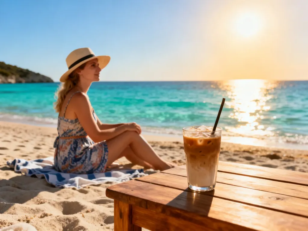 Kobieta w letniej sukience odpoczywa na piaszczystej plaży z mrożoną kawą w tle turkusowego morza na Cyprze.