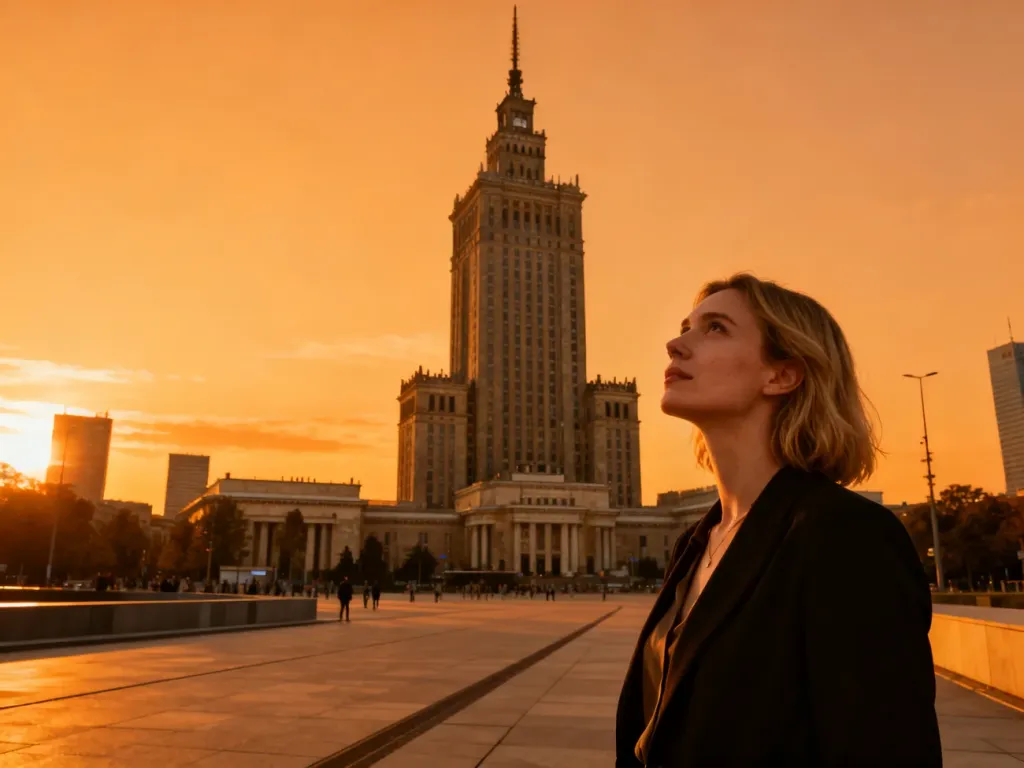 Kobieta na placu w Warszawie spogląda na Pałac Kultury i Nauki oświetlony blaskiem zachodzącego słońca.