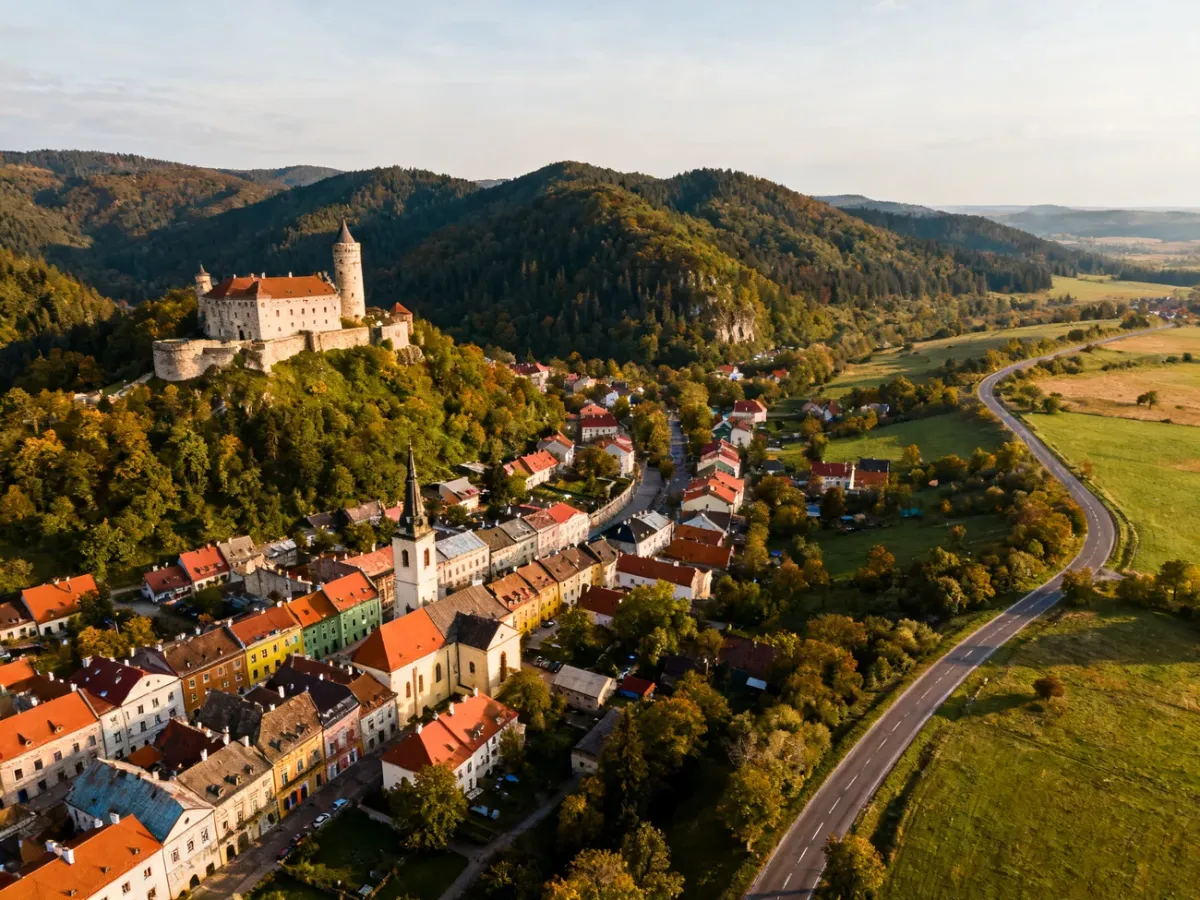 Panoramic view of Lower Silesia with historic towns, castles and mountains