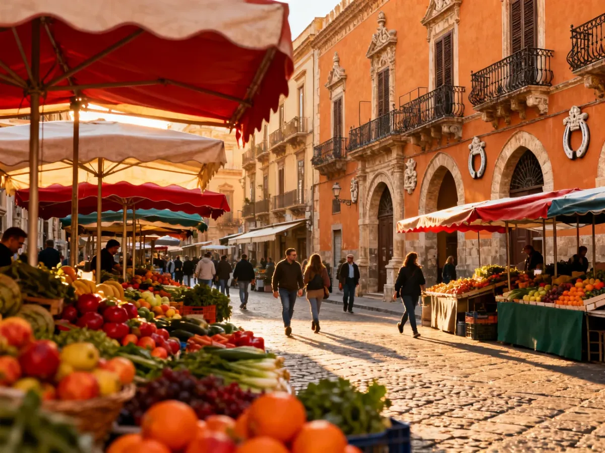 Busy Palermo street market surrounded by historic architecture