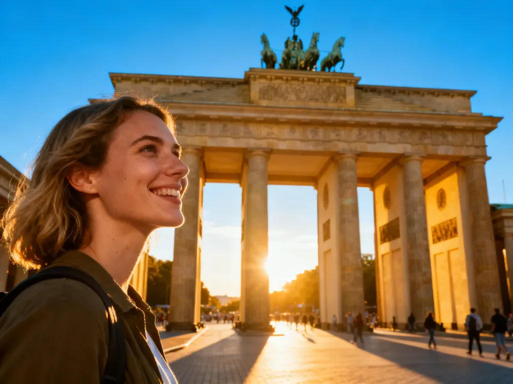 Uśmiechnięta turystka podziwiająca Bramę Brandenburską w Berlinie w promieniach zachodzącego słońca.