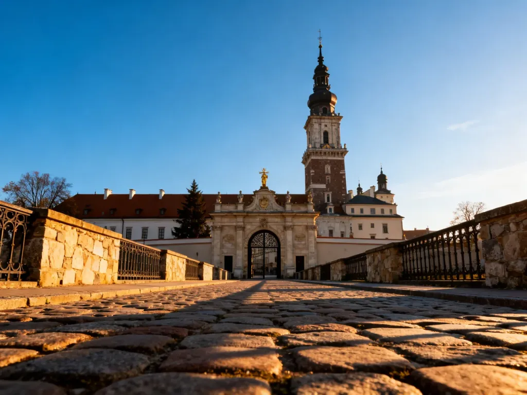 Widok na klasztor na Jasnej Górze w Częstochowie z charakterystyczną wieżą w promieniach popołudniowego słońca.