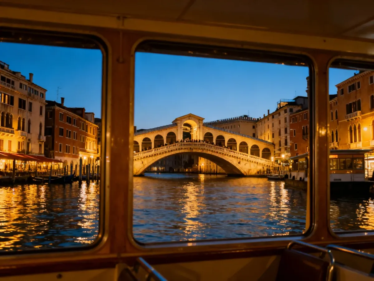 Wieczorny widok na Most Rialto i oświetlone pałace nad Canal Grande