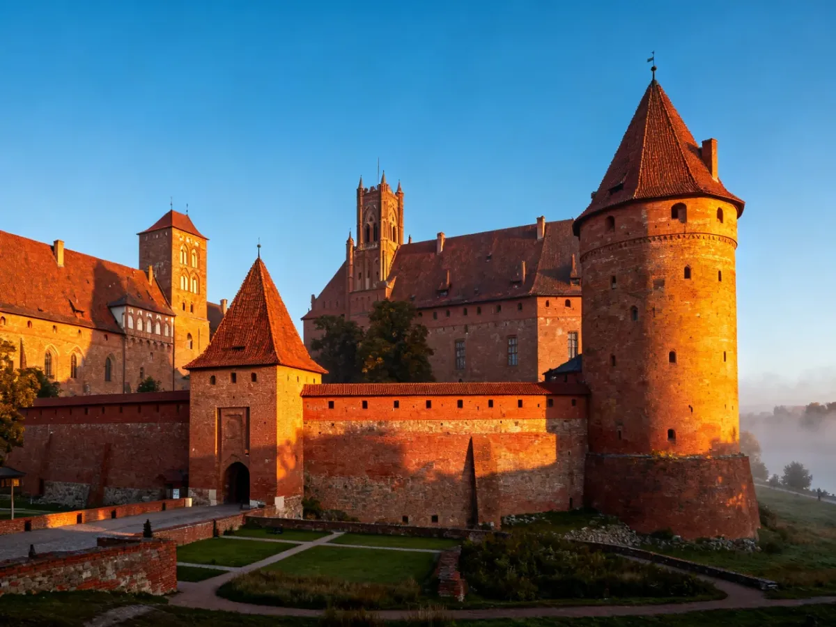 Panorama gotyckiego zamku w Malborku o poranku