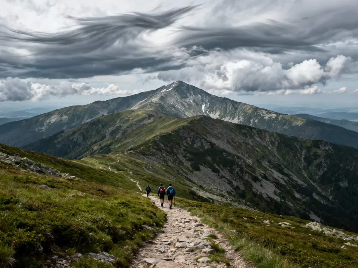 Hikers on a trail in the Karkonosze Mountains