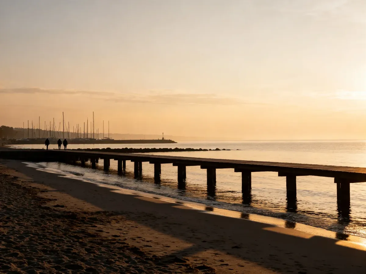 Poranny widok sopockiej plaży i mola w spokojnym świetle