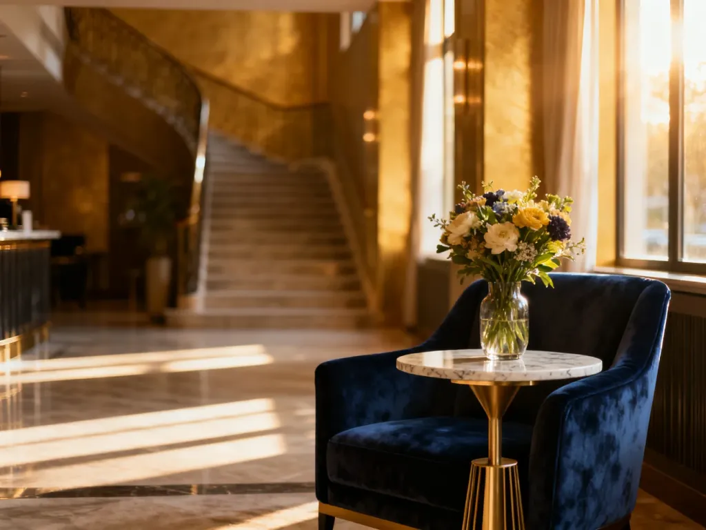 Eleganckie lobby hotelu butikowego z aksamitnym fotelem i marmurowym stolikiem, podkreślające luksusowy i przytulny wystrój.