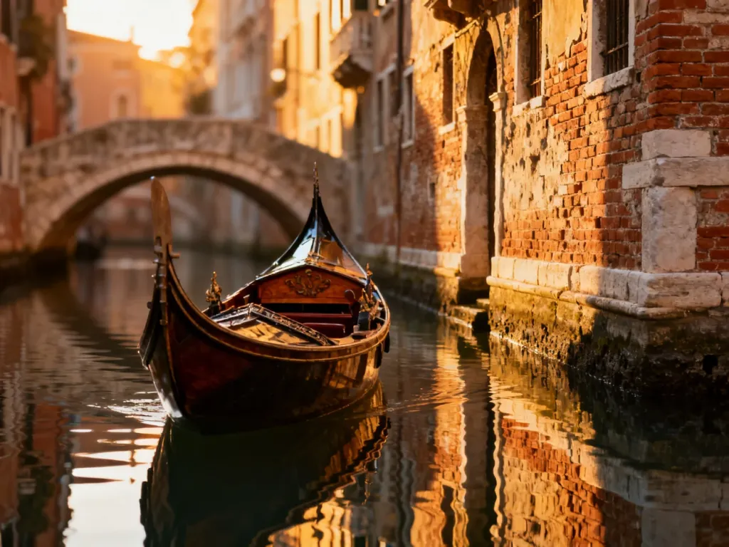 Tradycyjna gondola płynąca wąskim kanałem w Wenecji w blasku zachodzącego słońca na tle zabytkowej architektury.