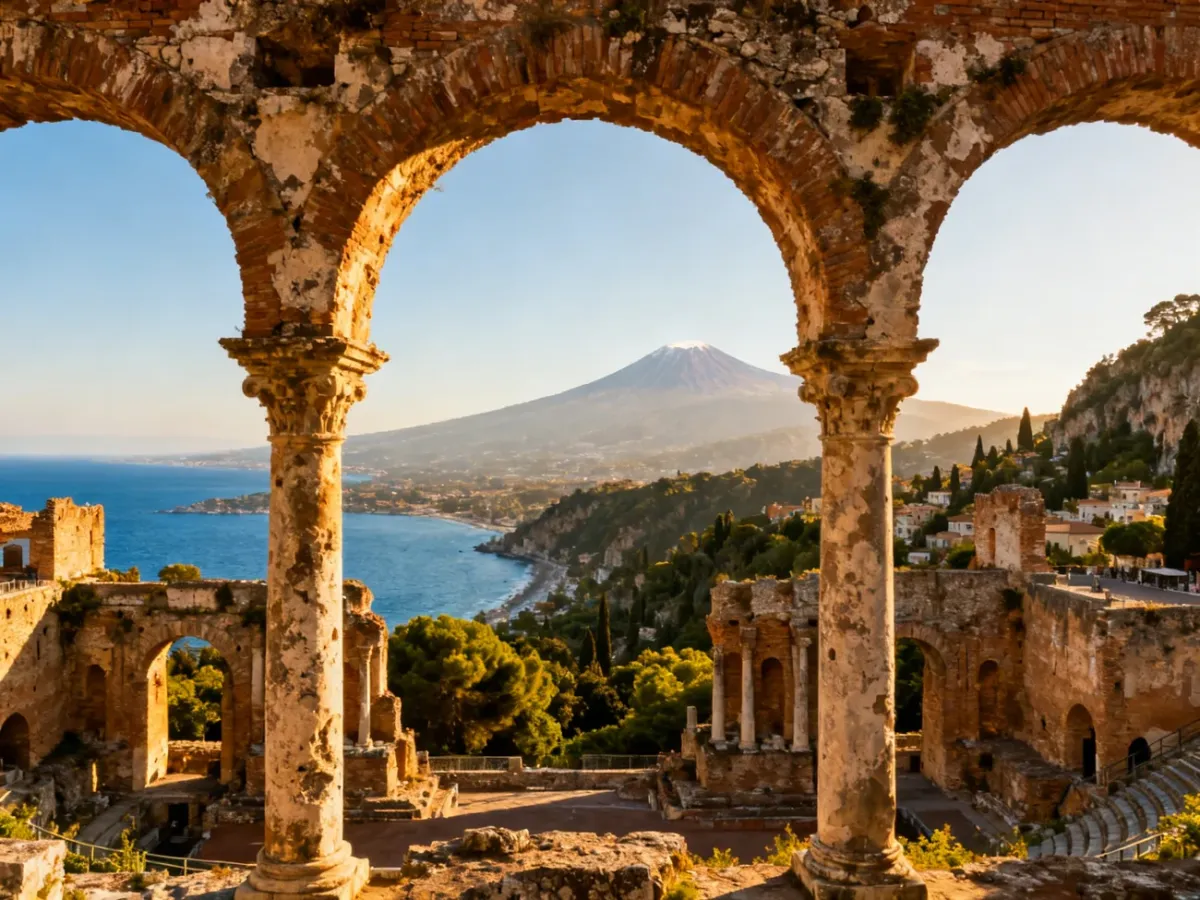 Ancient theater in Taormina overlooking the sea and Mount Etna