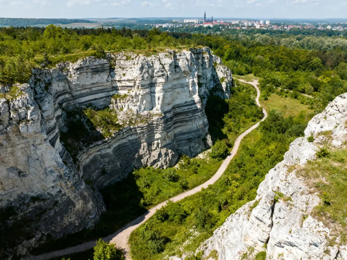 Skalne ściany dawnego kamieniołomu w rezerwacie Kielc