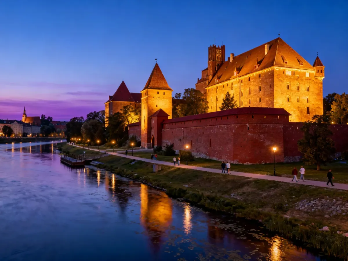Wieczorna panorama Malborka z oświetlonym zamkiem