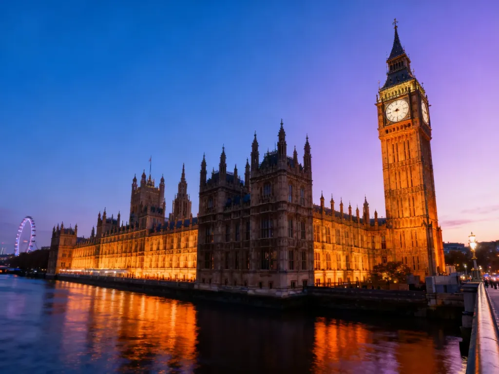 Ikoniczna wieża Big Ben i budynek Parlamentu nad Tamizą w blasku zachodzącego słońca. Symbol Londynu w złotej godzinie.