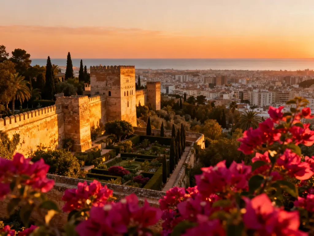 Twierdza Alcazaba w Maladze o zachodzie słońca, otoczona kwitnącymi bugenwillami z widokiem na panoramę miasta i morze.