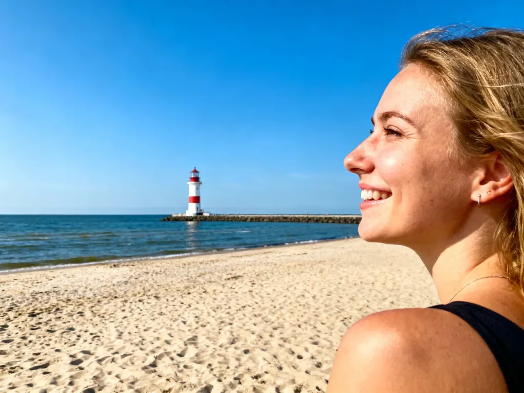 Uśmiechnięta kobieta na piaszczystej plaży w Świnoujściu z widoczną w tle latarnią morską Stawa Młyny.