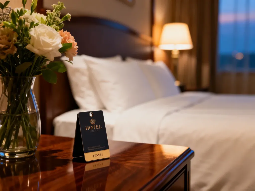 Elegancki pokój hotelowy z kartą dostępu na stoliku nocnym, podkreślający atmosferę komfortu i prywatności.