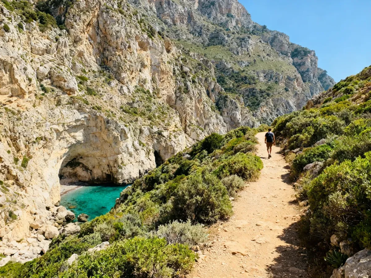 Hiker on a coastal trail above a turquoise cove in Zingaro Nature Reserve
