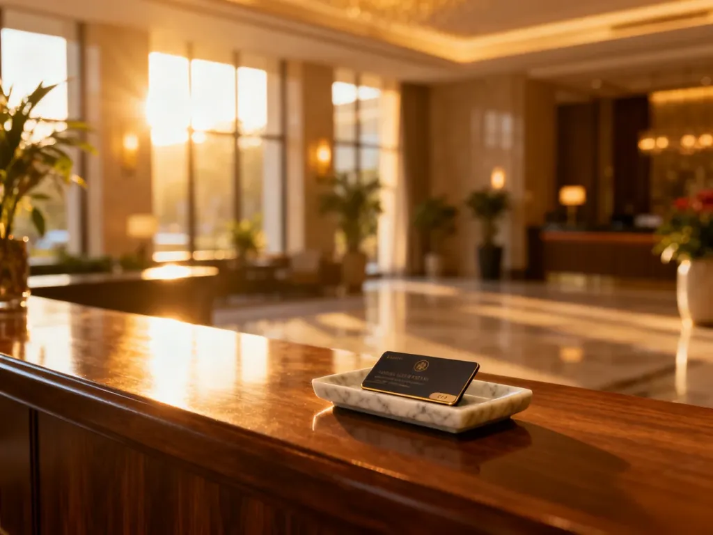 Nowoczesna recepcja hotelowa z kartą dostępu do pokoju na ladzie, zachęcająca do zameldowania w eleganckim wnętrzu.