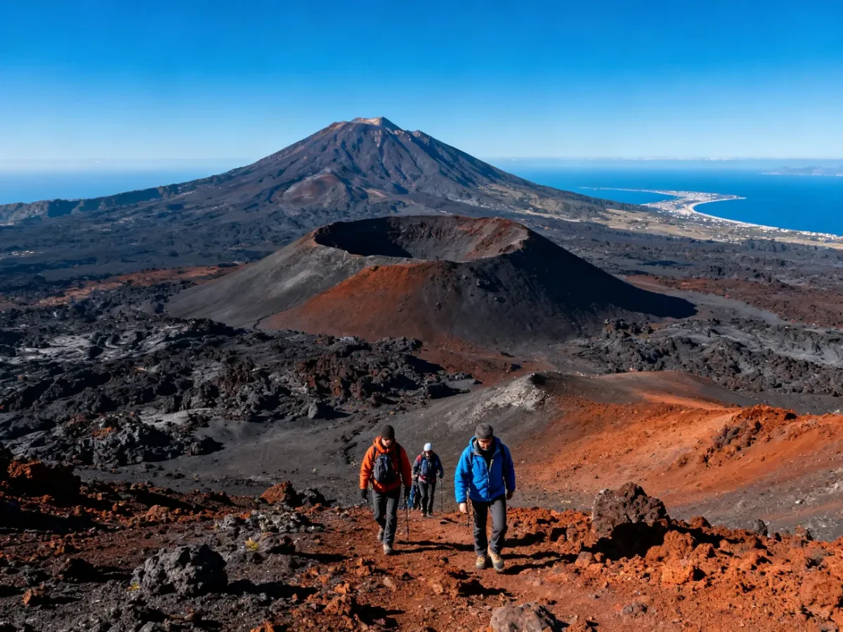 Panoramic view of Mount Etna with volcanic craters and hikers