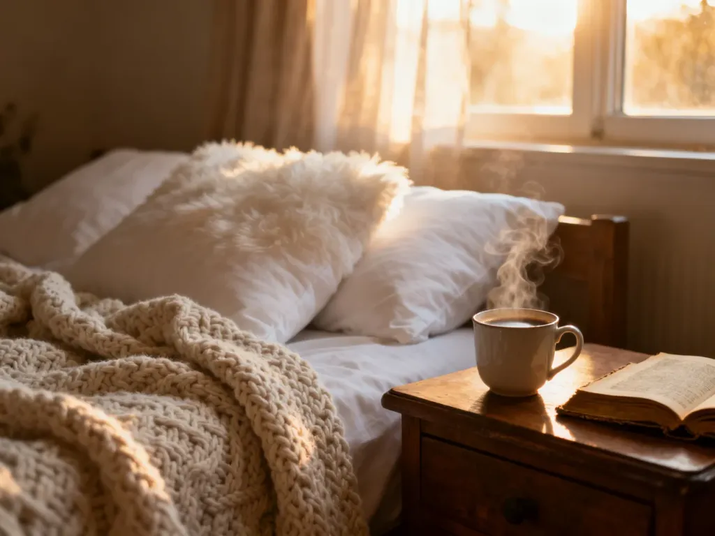 Przytulna sypialnia w pensjonacie z pościelonym łóżkiem, kawą i książką, tworząca atmosferę relaksu w stylu bed and breakfast.