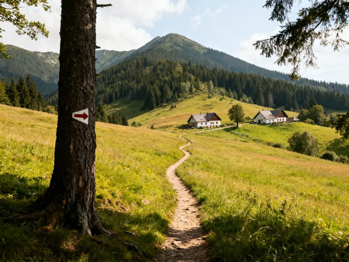Panoramiczny widok Gorców ze szlakiem i zabudowaniami w dolinie