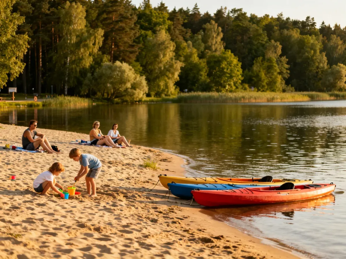 Rodzina wypoczywająca nad jeziorem na Mazurach