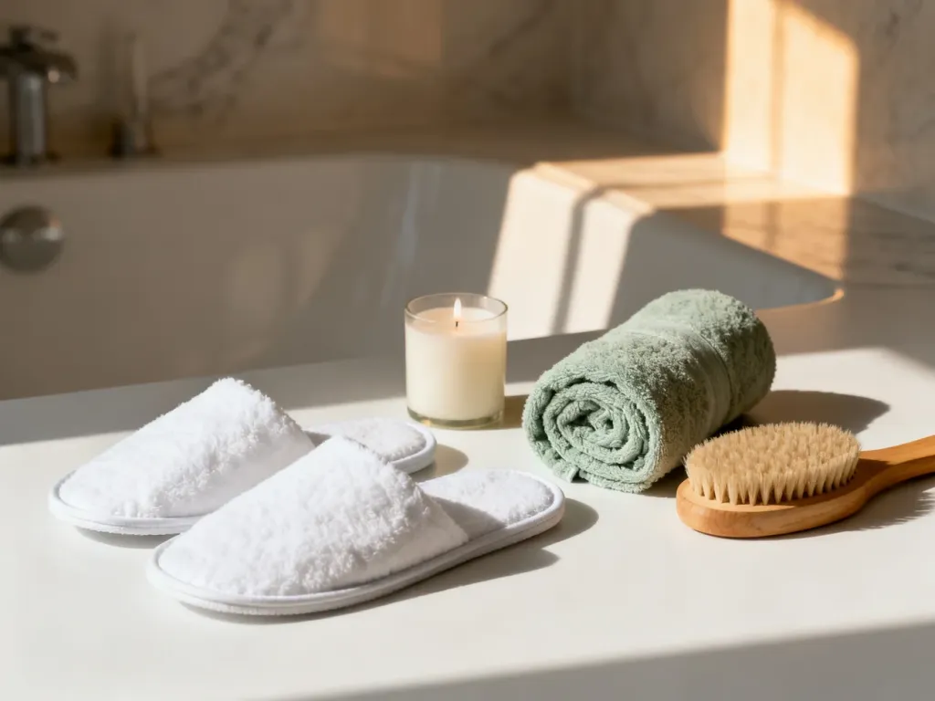 Zestaw luksusowych akcesoriów spa: kapcie, ręcznik, świeca i szczotka do masażu, przygotowane na wyjazd do hotelu.
