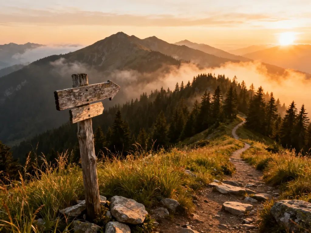 Panoramiczny widok na Góry Sowie podczas zachodu słońca z drewnianym drogowskazem na pierwszym planie.