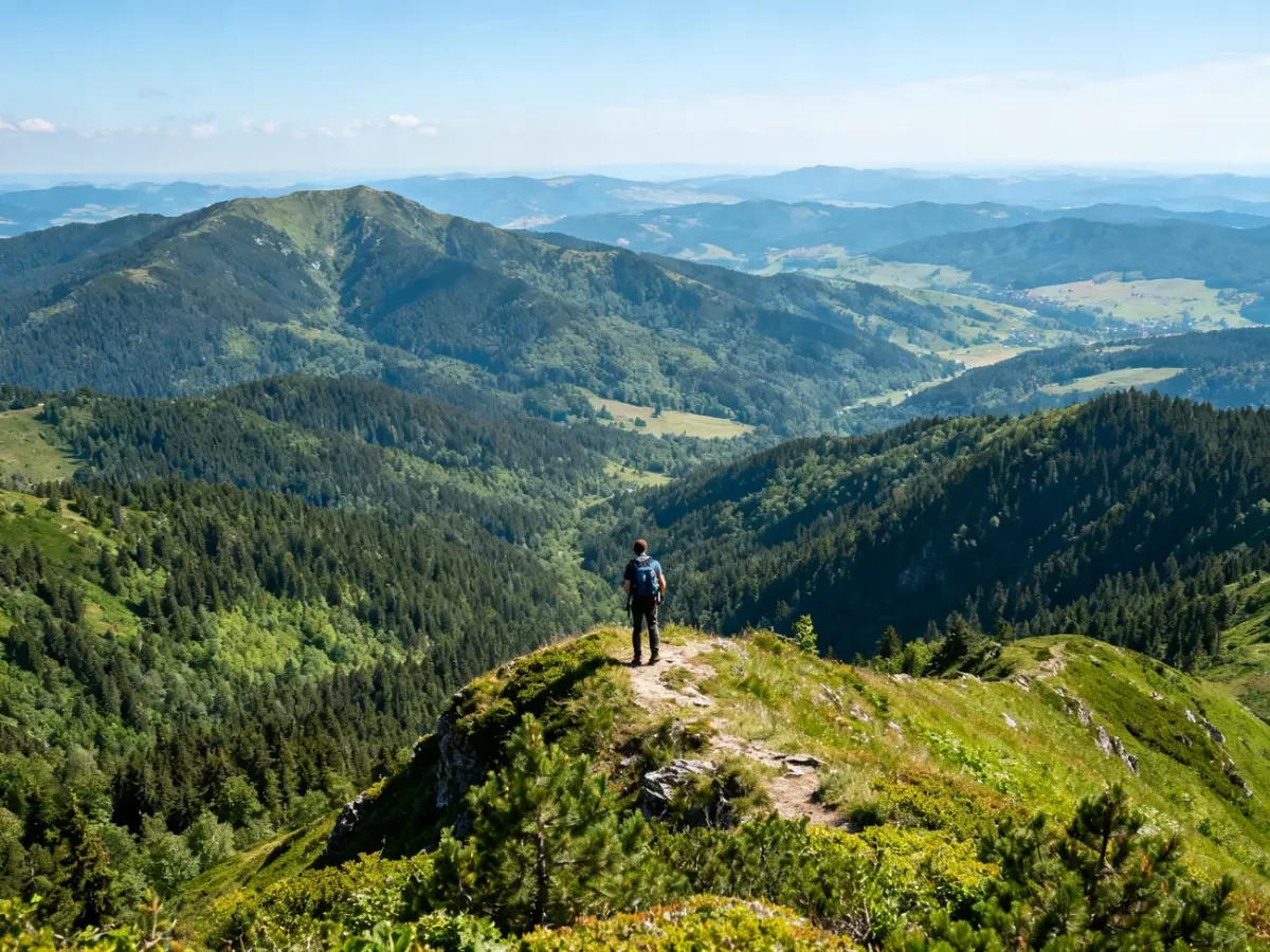 Turysta na grani z widokiem na Beskid Żywiecki
